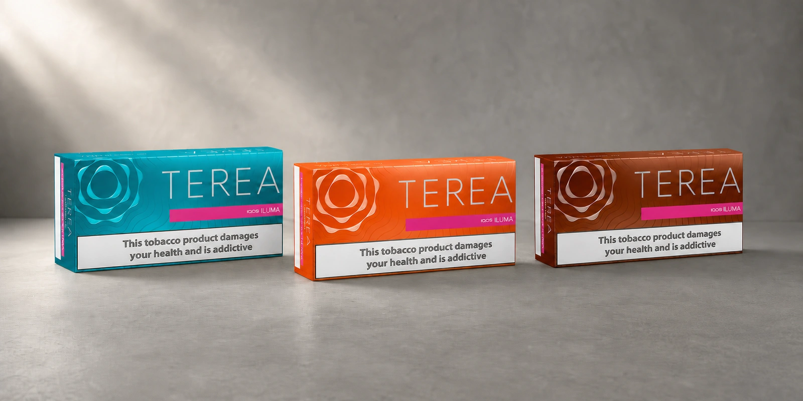 Three Terea pack variants in a realistic studio setting