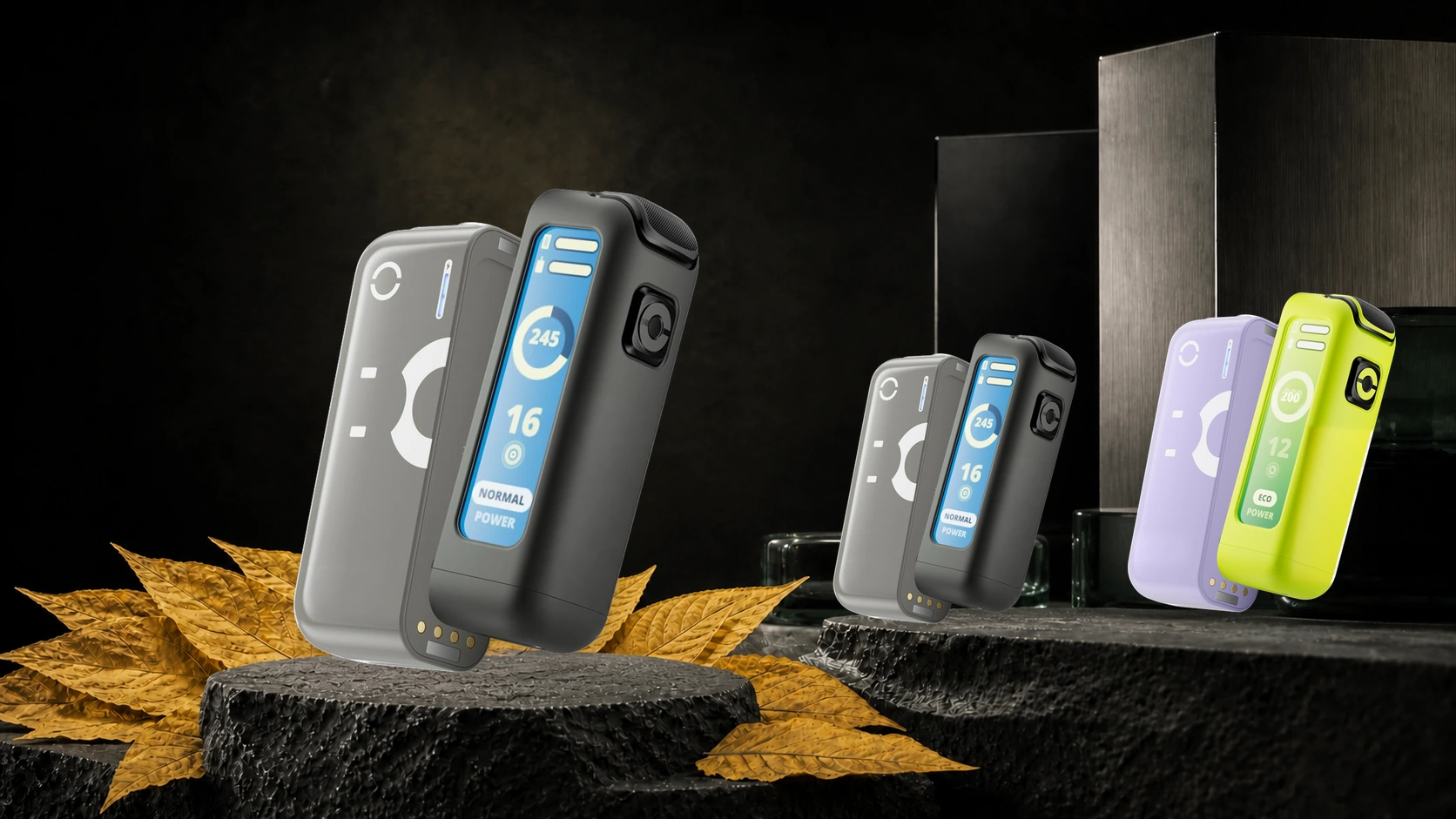 Modular Cube Series battery and heater separated beside the assembled colour range and lemon-yellow Basma leaves