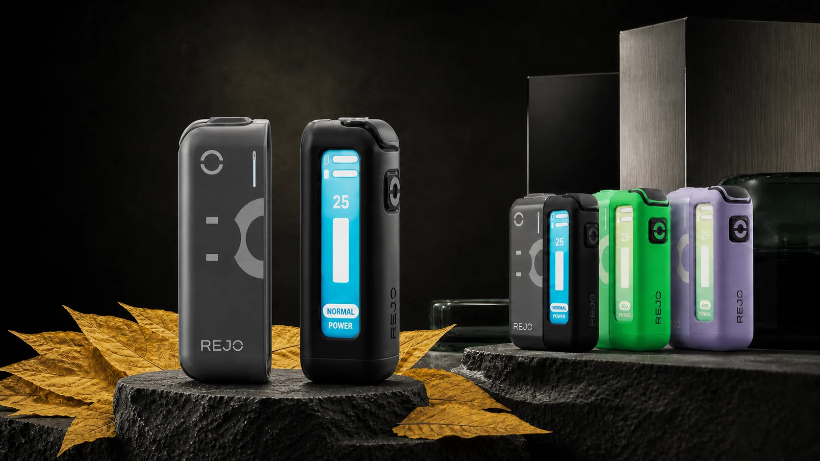 Modular REJO Cube battery and heater separated beside the assembled colour range and lemon-yellow Basma leaves