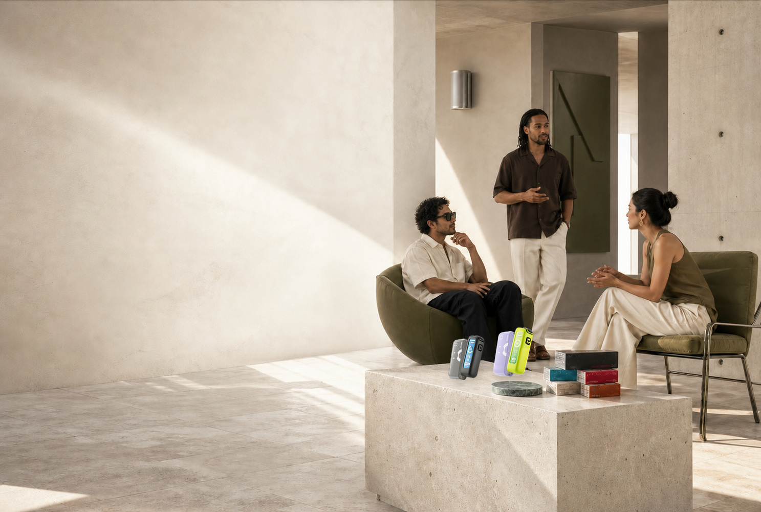 Three adult creative professionals in a sunlit contemporary gallery with represented heating devices and consumables displayed on a stone table